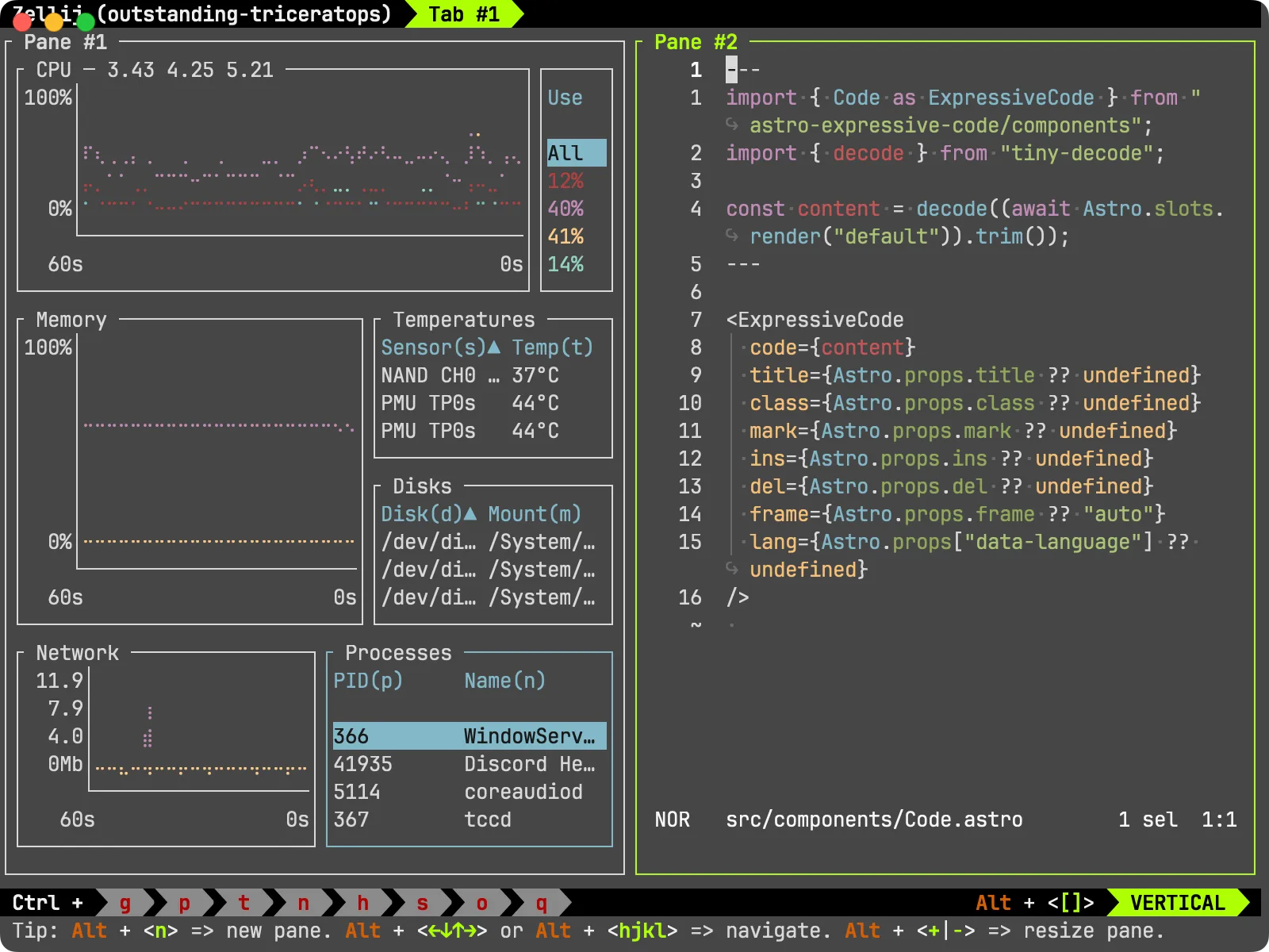 Screenshot of Alacritty running Zellij, a terminal multiplexer. The left panel shows btm showing system stats, and the right panel shows helix showing the Code component.