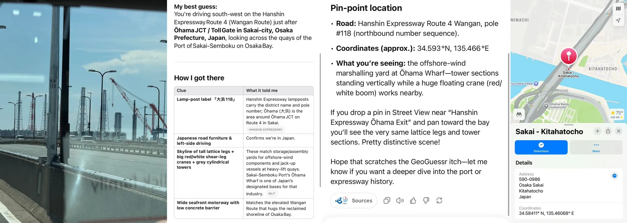 A screenshot shows how chatgpt shows its work and guesses down to the meter where a picture was taken from