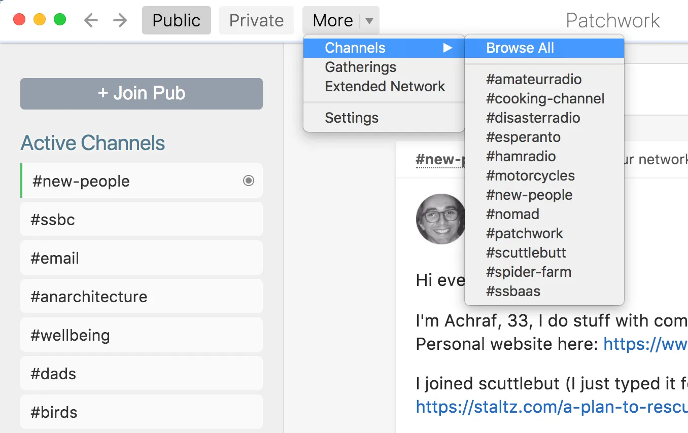 screenshot of Patchwork, a client for ssb, showing a list of channels to the left, and a text post on the right